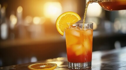 World cocktail day with beverage and glass idea. Refreshing cocktail poured over ice with citrus garnish.