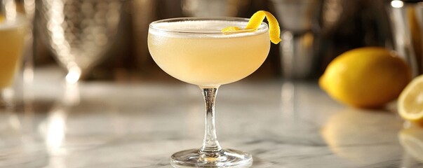 World cocktail day with beverage and glass idea. Elegant cocktail on a marble surface with lemon garnish.