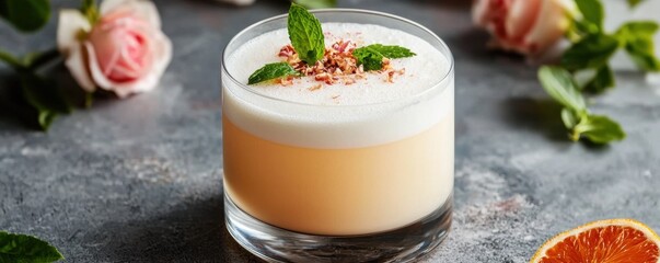 World cocktail day with beverage and glass idea. Creamy cocktail garnished with mint and rose petals.