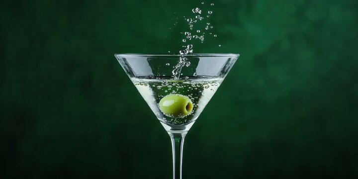 World cocktail day with beverage and glass idea. Martini glass with olive and bubbles against a green backdrop.