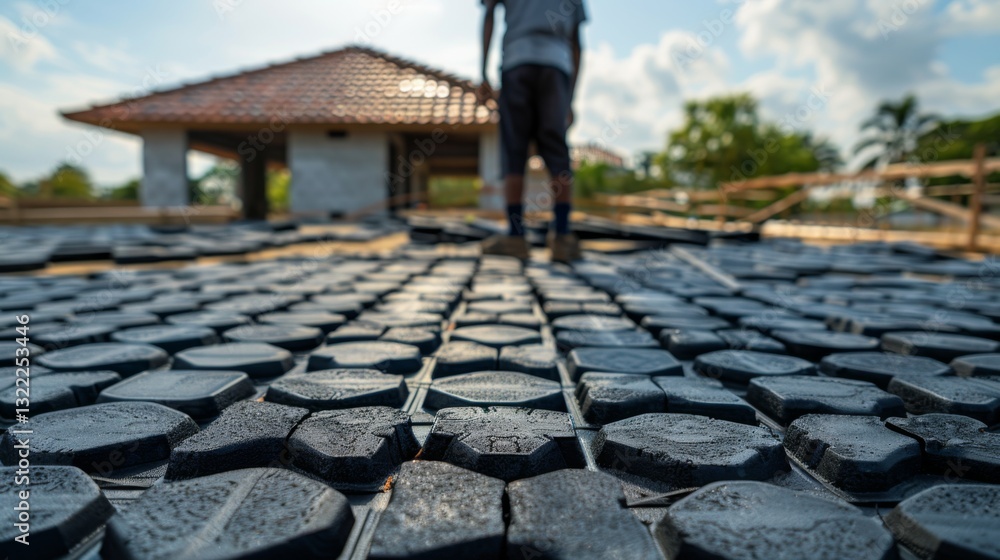 Poster a construction worker is busy laying hexagonal paving tiles on the unfinished floor of a residential