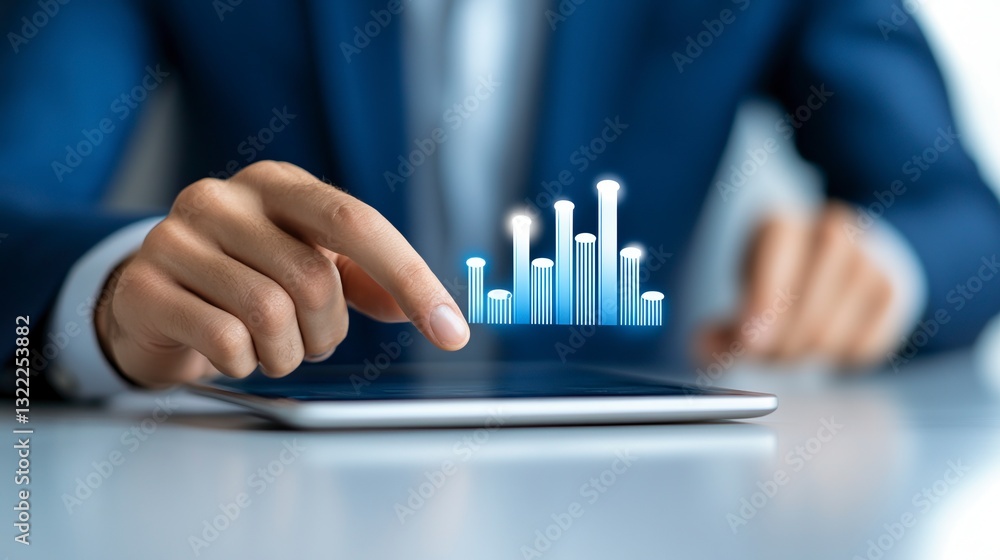 Aufkleber close up of a person in a blue suit using a digital tablet to interact with a glowing blue bar graph