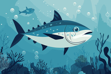 Naklejka premium Tuna Swimming Underwater A large tuna fish swims in the ocean surrounded by seaweed, bubbles, and a smaller fish in a calm, blue-toned scene.