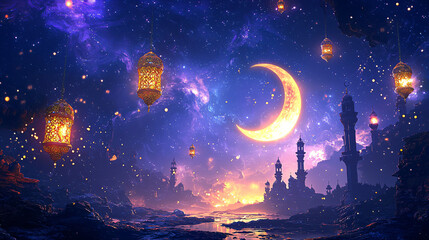 Naklejka premium Qadr, Ramadan month islamic background with lanterns and crescent 