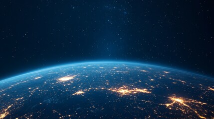 Fototapeta premium View of Earth from space during night, showcasing city lights and starry sky from low Earth orbit perspective