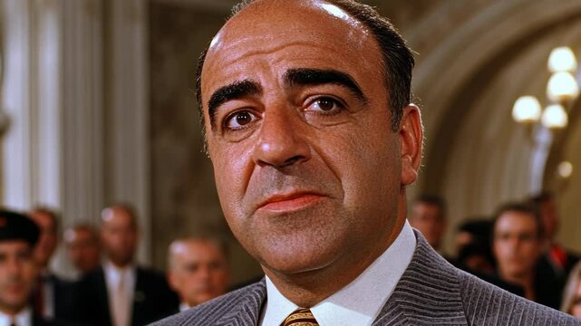 Character delivers a tense monologue in a crowded courtroom setting during a dramatic legal scene