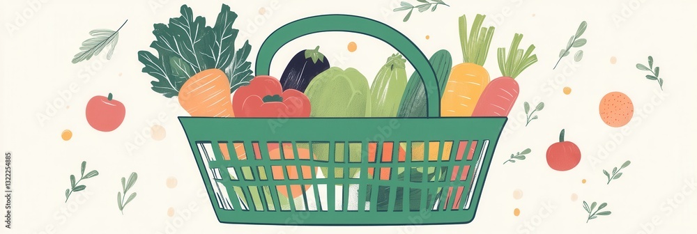 Poster fresh fruits and vegetables in a green shopping basket against a soft pastel background in a minimal