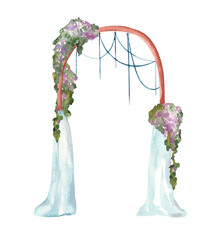 Watercolor illustration of an arch with blue drapery and flowers isolated on a white background. Romantic atmosphere for an outdoor wedding ceremony