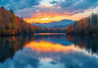 Fototapeta premium Tranquil Sunset Over Colorful Autumn Trees Reflected in Still Mountain Lake in the Majestic Blue Ridge Mountains of North Carolina