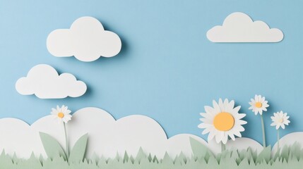 Obraz premium Bright paper cutout landscape with flowers and clouds on a blue background in a creative display