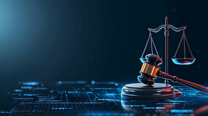 3D Rendered Gavel And Scales Of Justice On Futuristic Blue Digital Circuit Board Background Representing Cybersecurity Law And Legal Technology