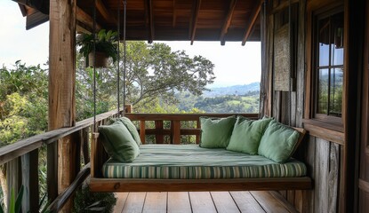 Tranquil Swing Bed on a Rustic Porch Overlooking Lush Green Hills and Trees in Bright Daylight Ideal for Relaxation and Nature Retreat