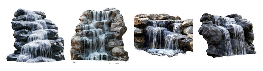 Scenic Rock Waterfall with Cascading Streams in Natural Setting, PNG bundle collection, Isolated on Transparent Background