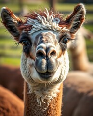 Obraz premium Close-Up Portrait of a Curious Alpaca in a Lush Green Pasture