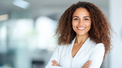 Fototapeta premium Portrait of a smiling young woman with curly brown hair wearing a white blazer, arms crossed, against a blurred background