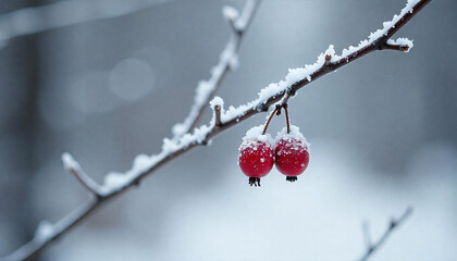 A Delicate Macro View of Icy Berries on Frozen Branches.