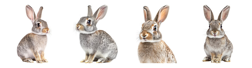 Fototapeta premium Cute and Playful Rabbits in Various Poses on White Background, PNG bundle collection, Isolated on Transparent Background