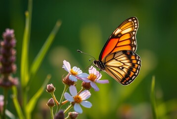 Fototapeta premium Close-Up of a Monarch Butterfly Feeding on White Wildflowers in Sunny Garden