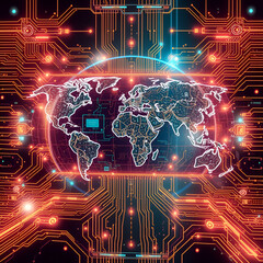 Fototapeta premium HUD Futuristic Elements Future Circuit Board Data Communication Transform. Abstract World Map Scifi Illustration