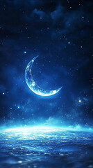 Fototapeta premium 3D Banner Isolated on Deep Midnight Blue Background with Glowing Crescent and lanterns. Laylatul Qadr