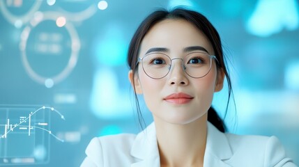 Portrait of a young woman wearing glasses, a white blazer, and looking thoughtfully at a futuristic blue data interface