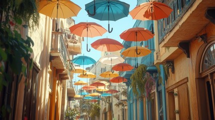 Colorful umbrellas hang above a picturesque street, casting playful shadows on a sunny day.