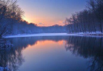 Tranquil winter sunset over a serene lake reflecting vibrant colors, surrounded by frost-kissed trees and soft clouds in a peaceful landscape setting