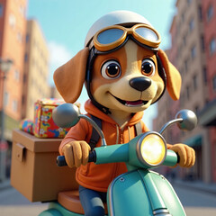 A stylized messenger dog wearing pilot glasses and a small helmet while driving a delivery scooter