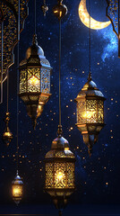 Obraz premium Qadr Night 3D Wallpaper Isolated on Black Background with Ornamental Arabic Patterns and Lanterns. Empty space for text placement. Night of power Laylat al-Qadr
