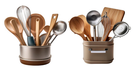 Kitchen Utensils and Tools in Stylish Containers for Cooking, PNG bundle collection, Isolated on Transparent Background