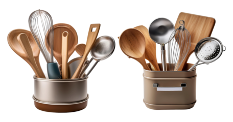 Kitchen Utensils and Tools in Stylish Containers for Cooking, PNG bundle collection, Isolated on Transparent Background