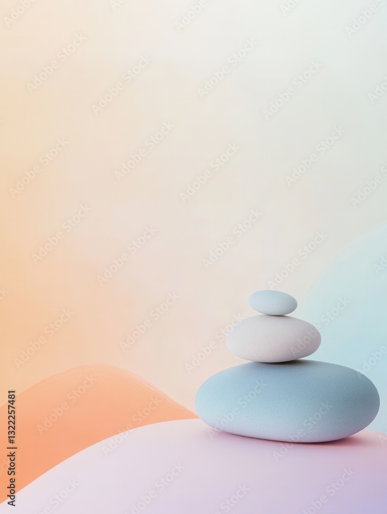 Poster Minimalistic zen-inspired composition featuring smooth pebbles on gentle pastel gradients evoking a serene atmosphere of balance and tranquility