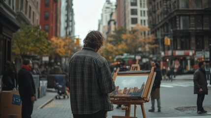 An artist captures the lively essence of a bustling city street, painting amidst towering buildings under a sky tinged with autumn hues.