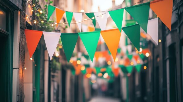 Street decorated with Irish flag colors for St. Patrick's Day celebration