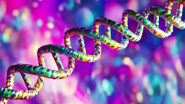 Colorful DNA strand over vibrant data processing background showcasing genetic information, dna strand over data processing on colourful background
