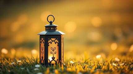 A Decorative Lantern Casting Intricate Floral Patterns Amidst a Soft, Golden-Hued Outdoor Setting.