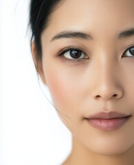 Naklejka premium Captivating close-up of a young woman with natural beauty and elegant features in a soft light setting