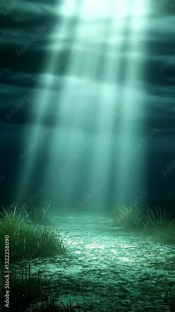 Poster mysterious underwater scene illuminated by beams of light with soft grass swaying gently on the ocea