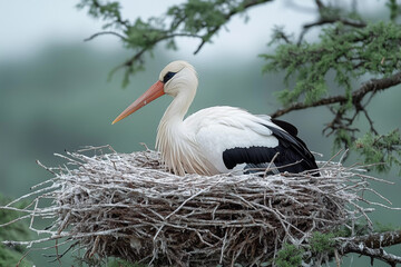 Stork rests in its freshly built nest during the arrival of spring in April, symbolizing the season of new beginnings and wildlife activity