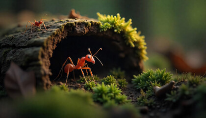 A Close-Up of Red Ants in Their Vibrant, Mossy World.