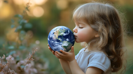 Naklejka premium Joyful Girl Kissing the Globe in a Fun Classroom Setting for Earth Day Conservation Education