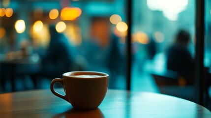 A single steaming cup of coffee sits on a wooden table by a cafe window, offering warmth on a cool, blurred street.