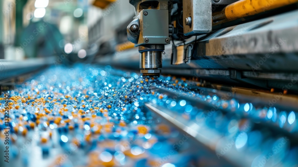 Poster colorful plastic pellets are scattered on a conveyor belt as a machinery unit shapes and processes t