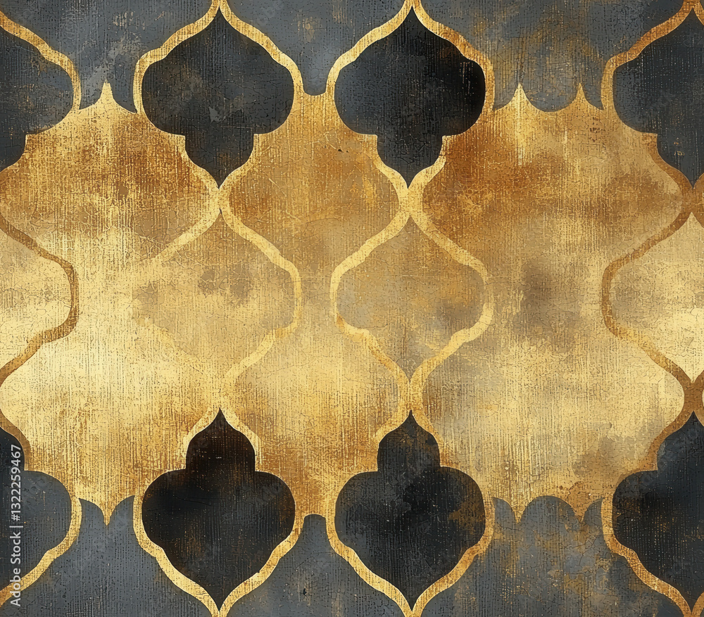 Poster elegant gold and dark pattern with intricate shapes and textures, seamless pattern style.