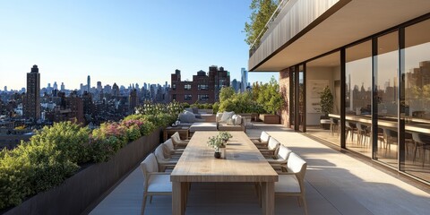Obraz premium Luxurious outdoor terrace overlooking a sprawling urban cityscape view