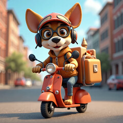 A stylized messenger dog wearing pilot glasses and a small helmet while driving a delivery scooter
