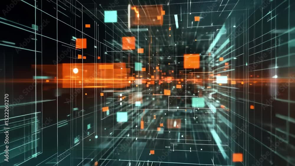 Poster network of connections and data flow represented through an abstract visualization of digital inform