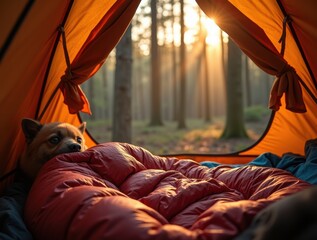 Sleeping bag nestled in a tent, forest outside, warm sunlight streaming in, cozy camping retreat in nature.