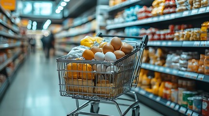 A shopping cart filled with essential grocery items such as milk eggs and bread at a supermarket