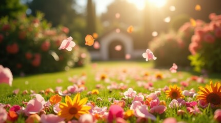 Fototapeta premium Flower petals falling at a summer wedding ceremony, vibrant colors, green garden backdrop, bright sunshine, romantic and joyful atmosphere.